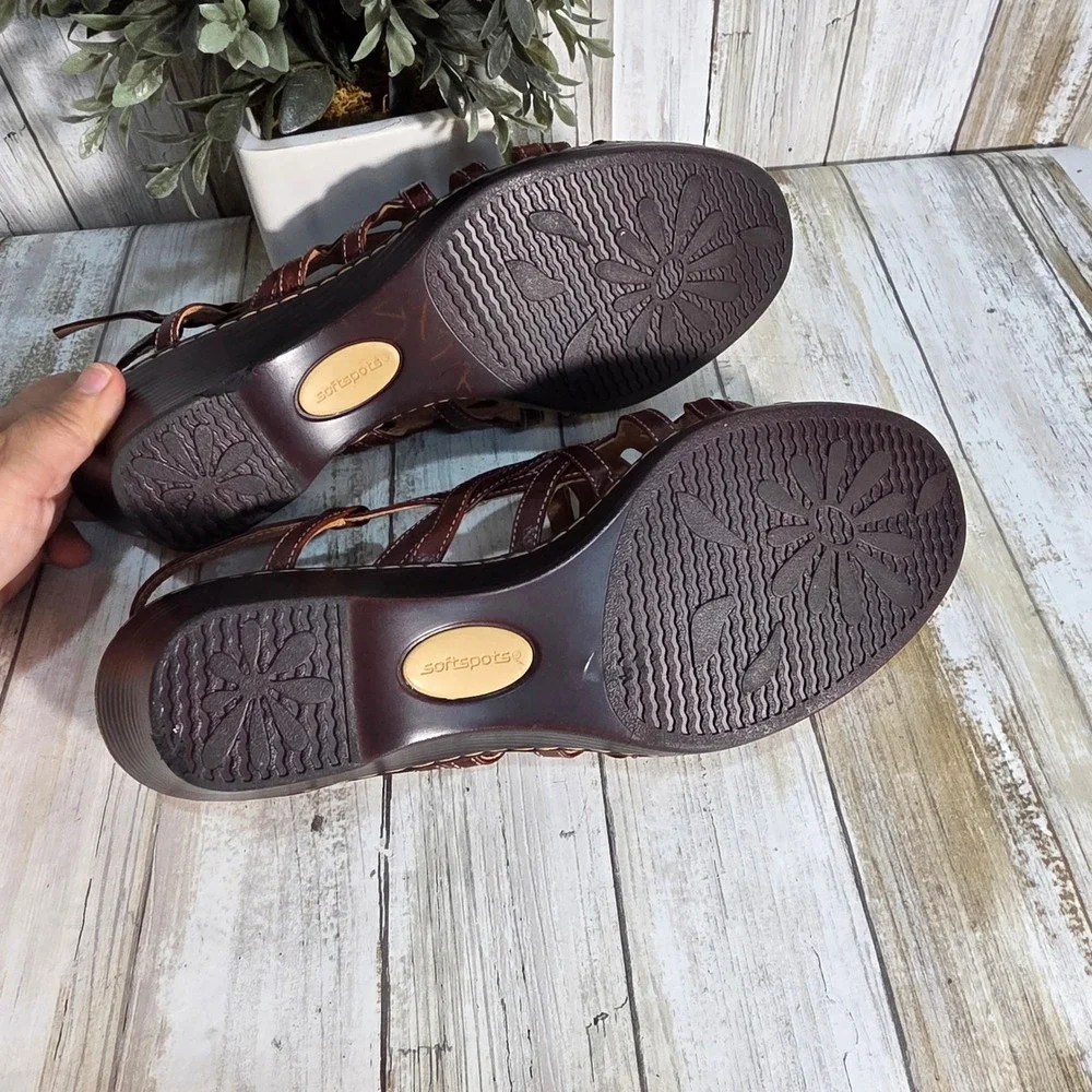 Softspots Womens Burgundy Brown Leather Strappy Wedge Slingback Sandals Size 9M